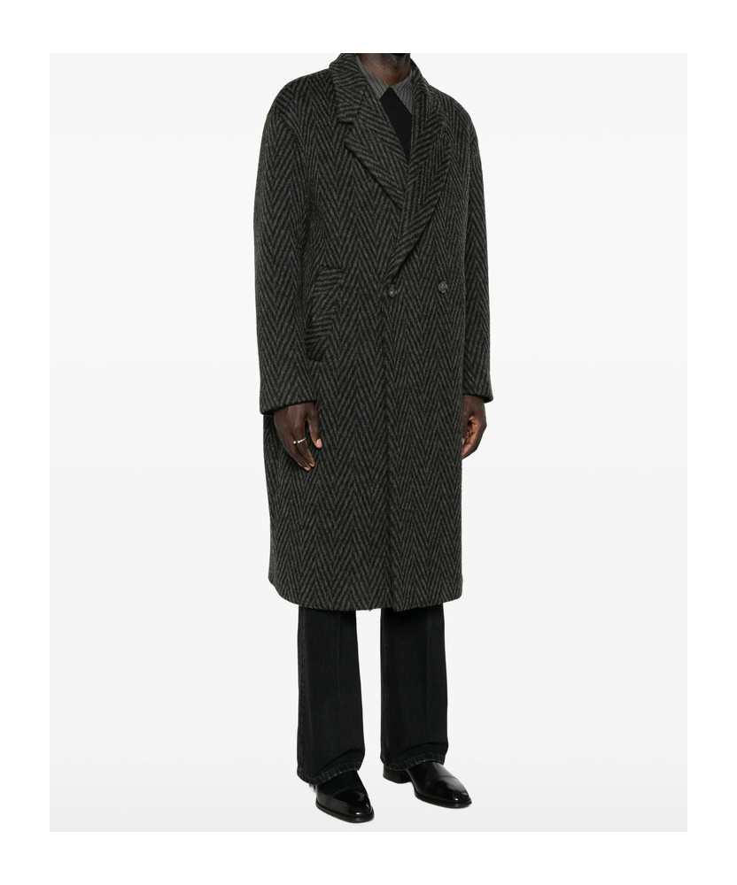 Hevo Double-breasted Herringbone Coat In Black