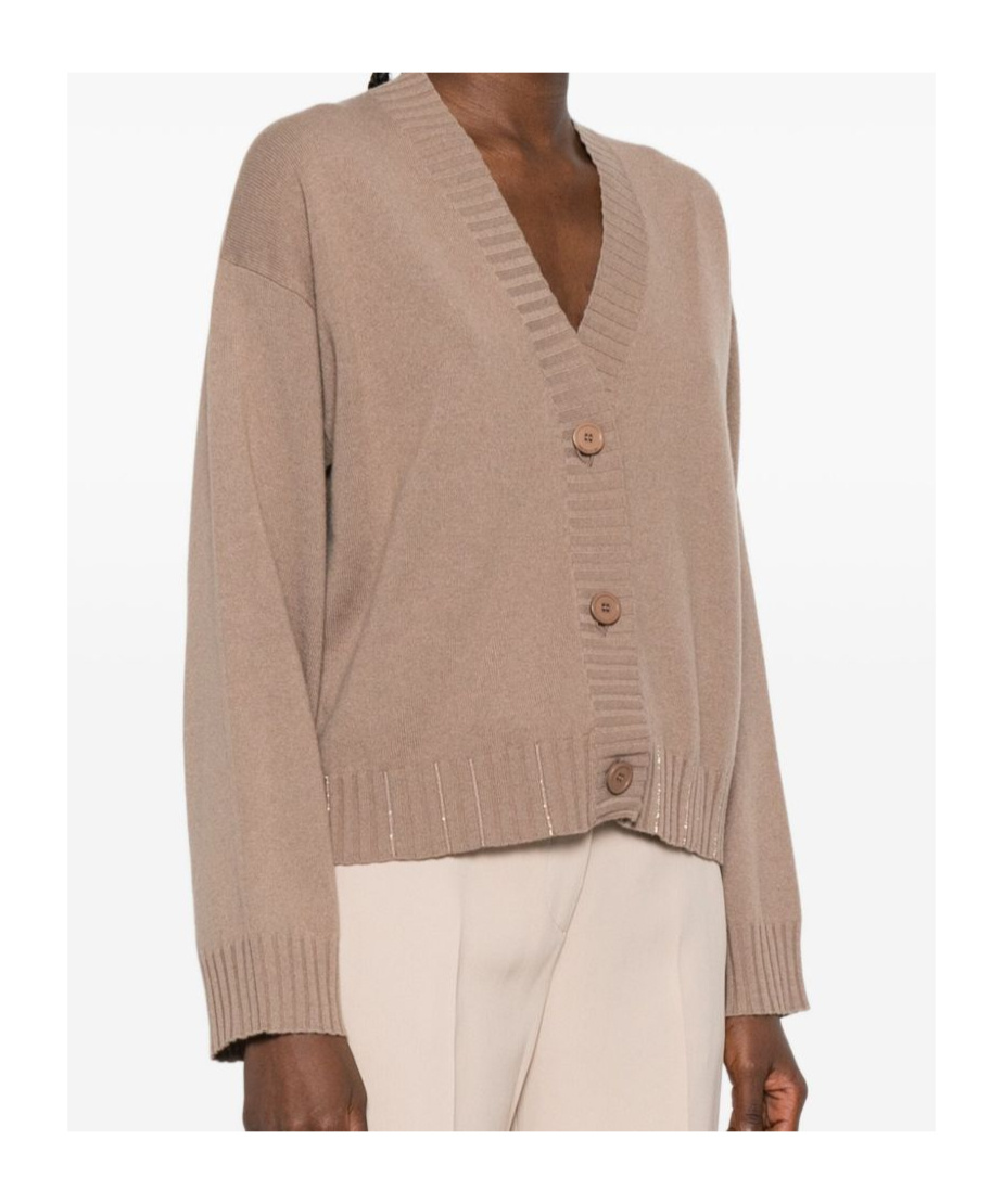 Fabiana Filippi Long Sleeve V Neck Top With Ribbed Cuffs And Hem In Brown