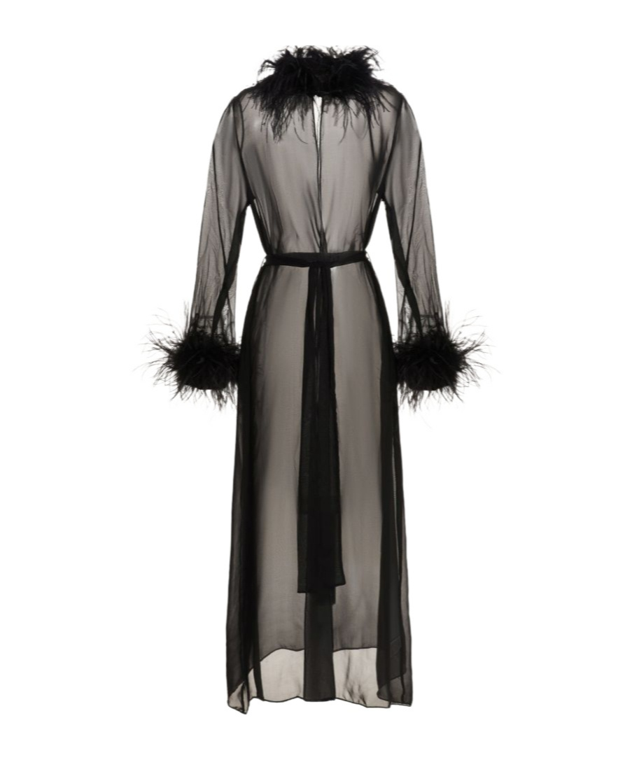 Oseree Plumage Feather-trimmed Chiffon Robe In Black