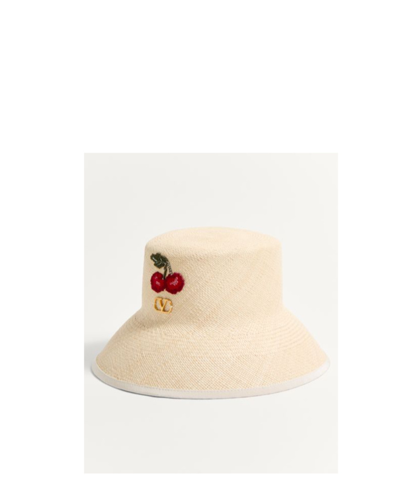 Valentino Garavani Vlogo Signature Straw Bucket Hat With Leather Trim And Cherry Embroidery Woman Na In Natural/multicolor
