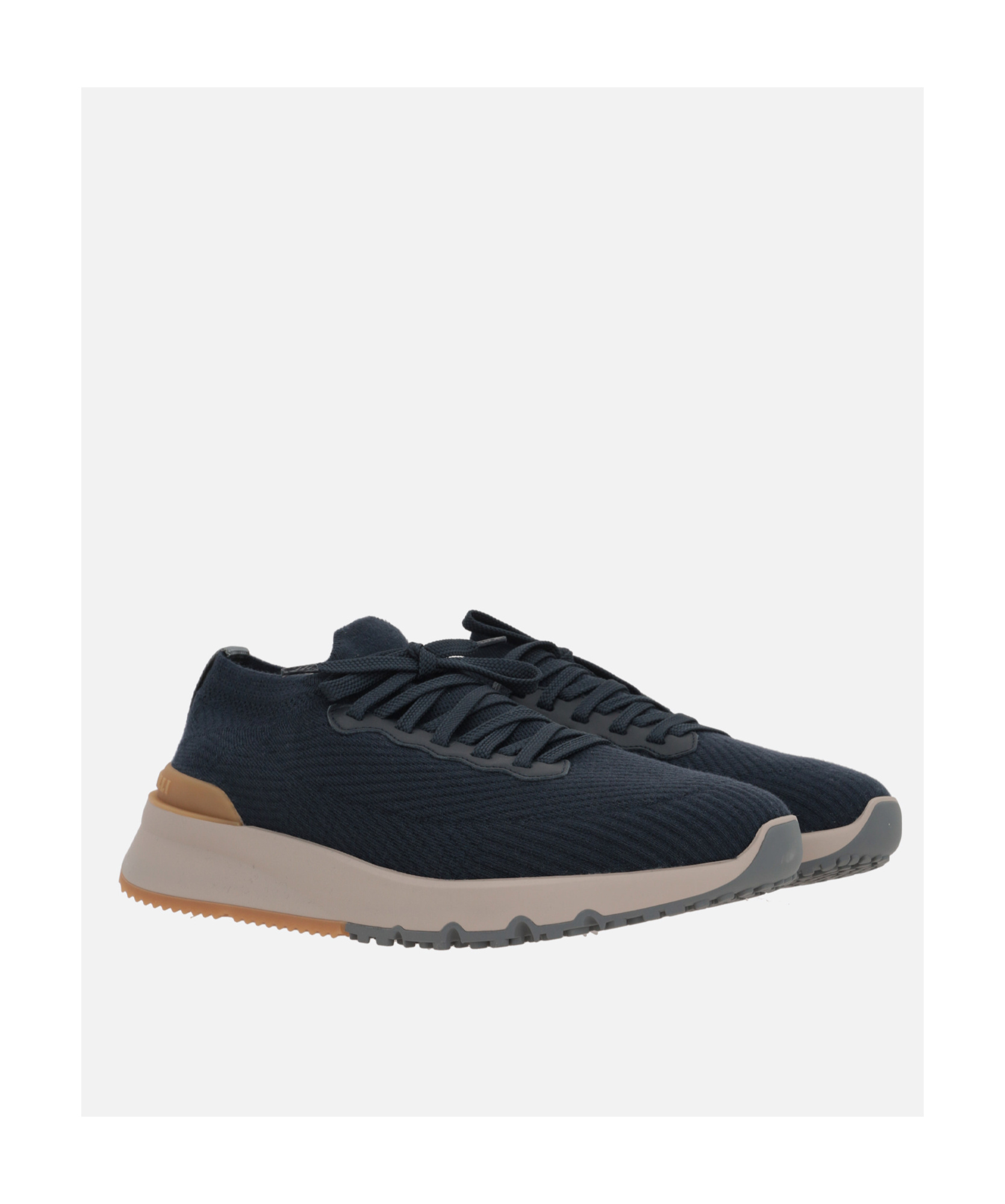 Brunello Cucinelli Leather-trimmed Stretch-knit Sneakers In Blue