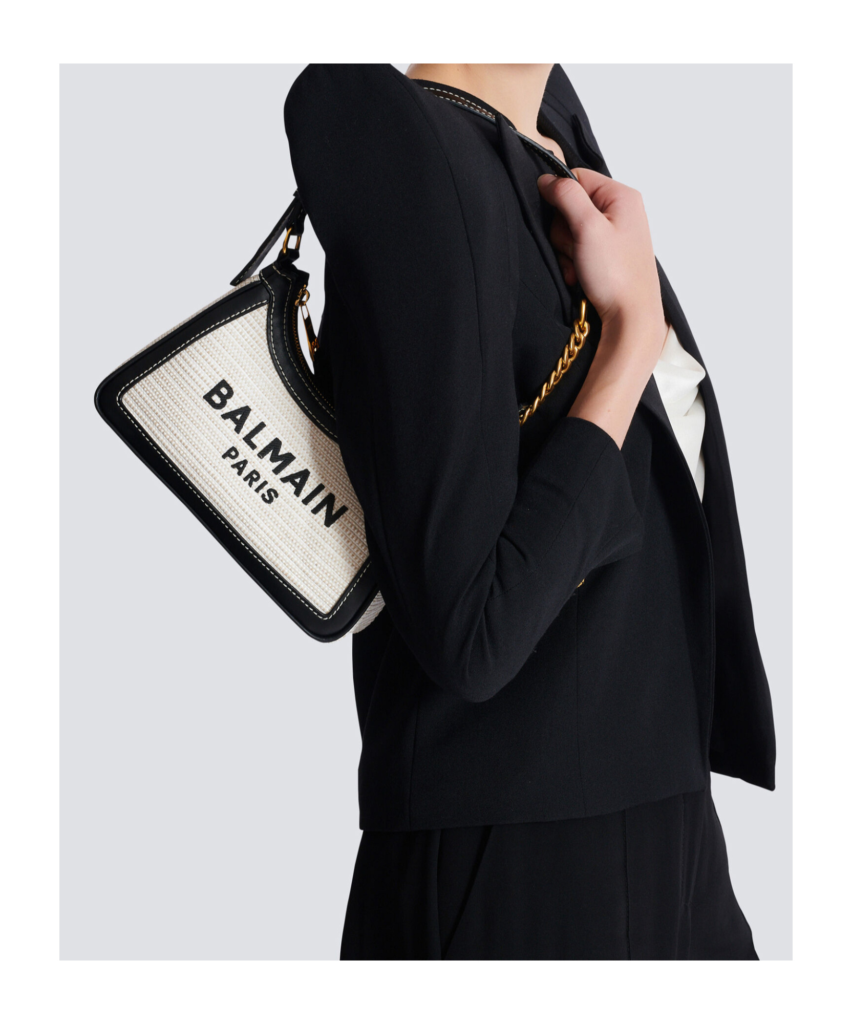 Balmain B-army Shoulder Bag In Raffia And Leather In Black