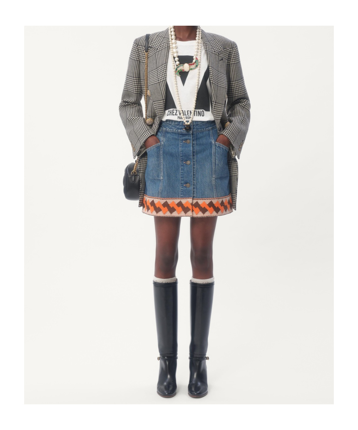 Shop Valentino Denim Skirt With Jacquard Trims In Blue