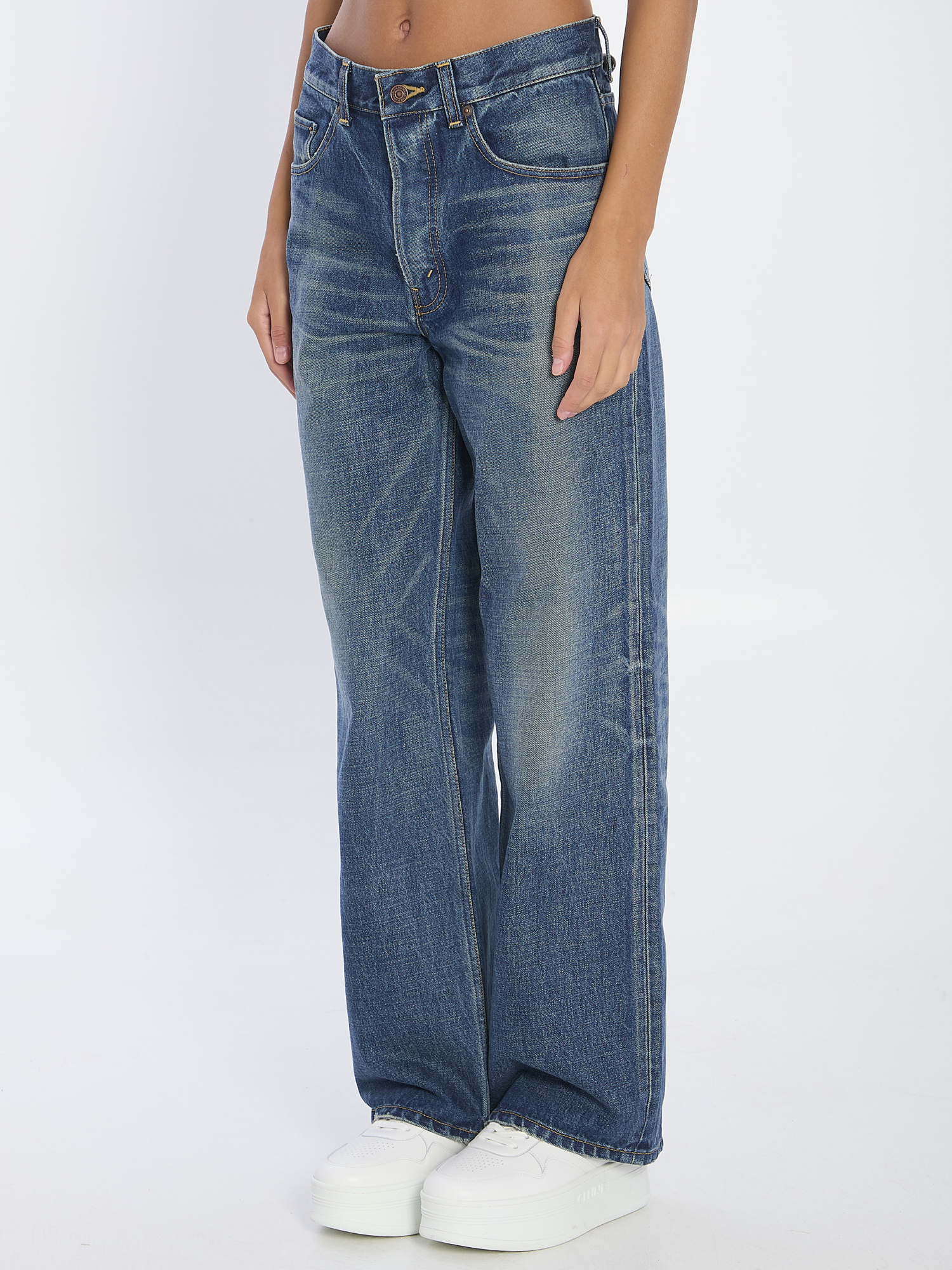 Celine Wide Leg Jeans In Dark Union Wash Denim In Blue