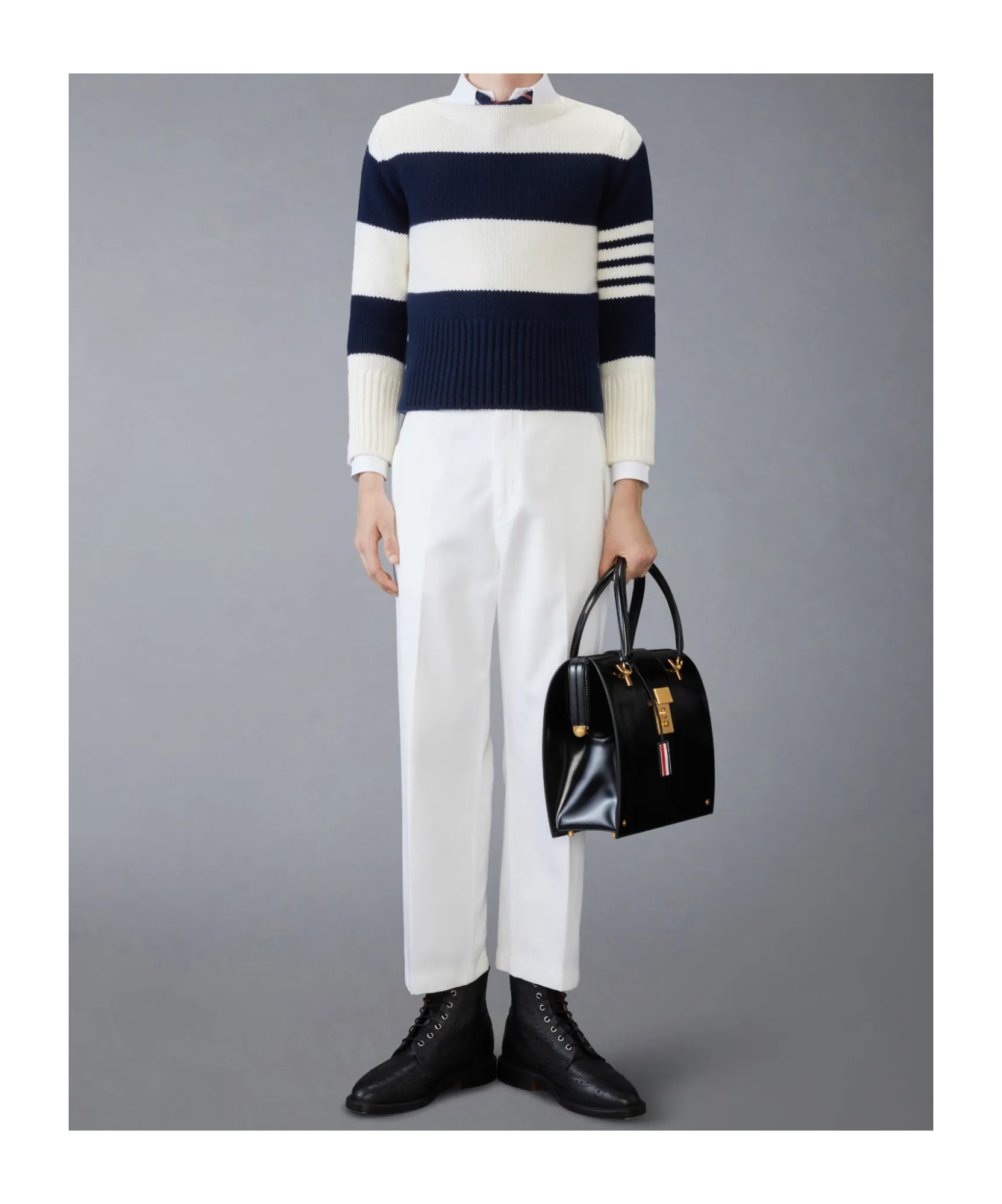 Thom Browne Rugby Stripe Jersey Stitch Boat Neck Pullover In Black