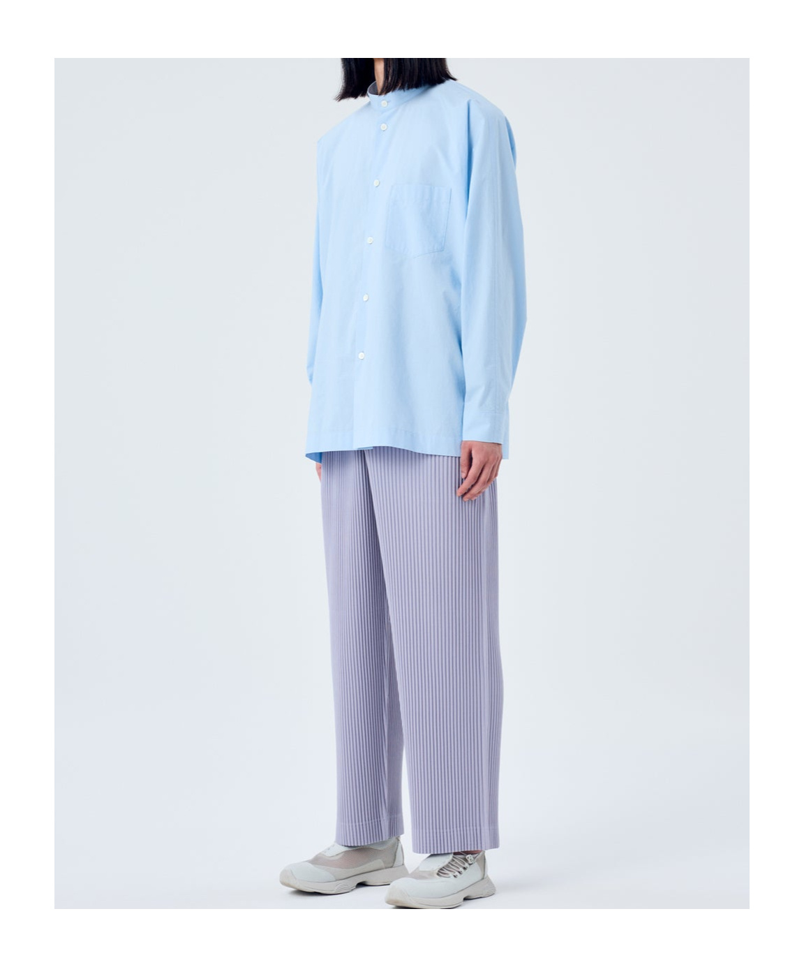 Issey Miyake Poplin Shirt With Chest Pocket And Mandarin Collar In Sky Blue