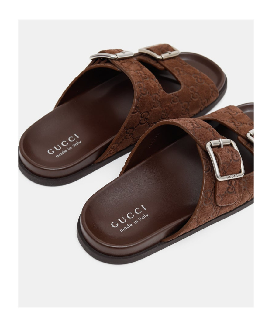 Gucci Men Logo Embossed Leather Slides In Brown