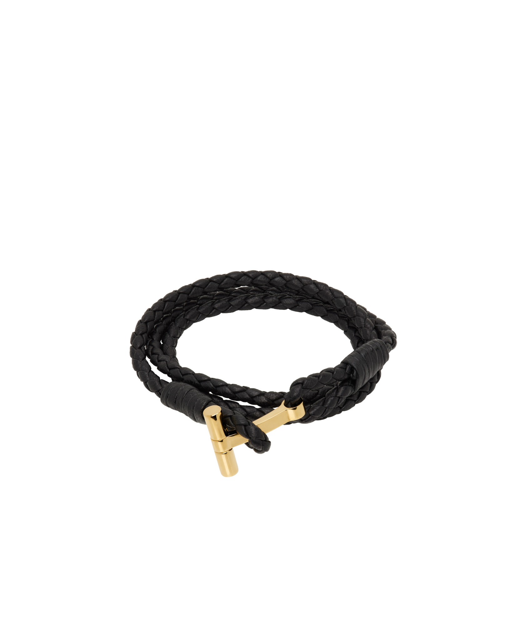 Tom Ford Leather T-plate Woven Bracelet With Braided Pattern In Black