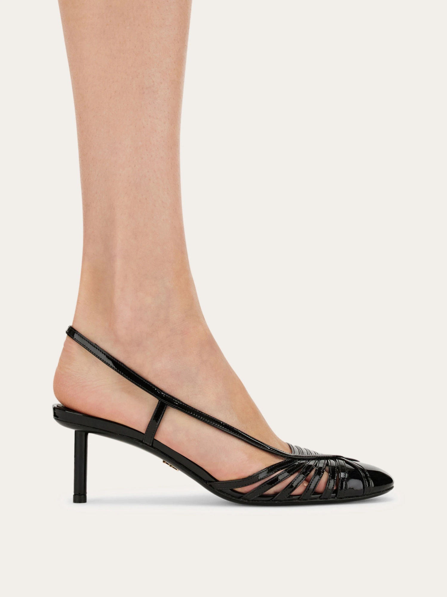 Ferragamo Glossy Strappy Pumps With Patent Accents In Black