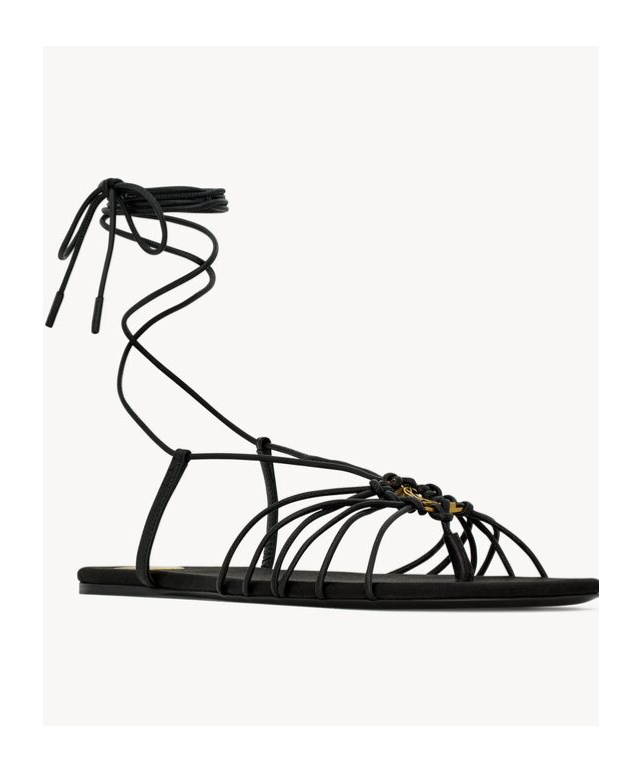Saint Laurent Black Sandals With Cassandre Logo And Laces Around The Ankle In Leather Woman In Black