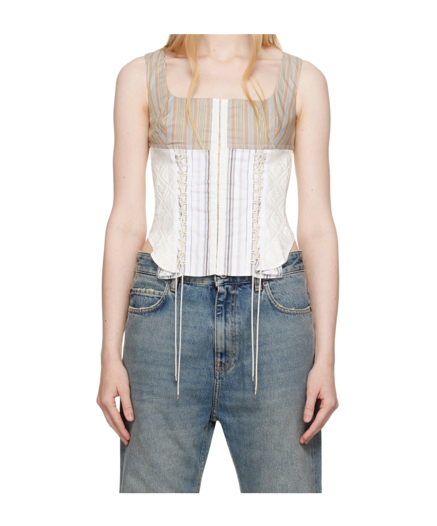 Marine Serre Beige Regenerated Striped Poplin Bustier Top
