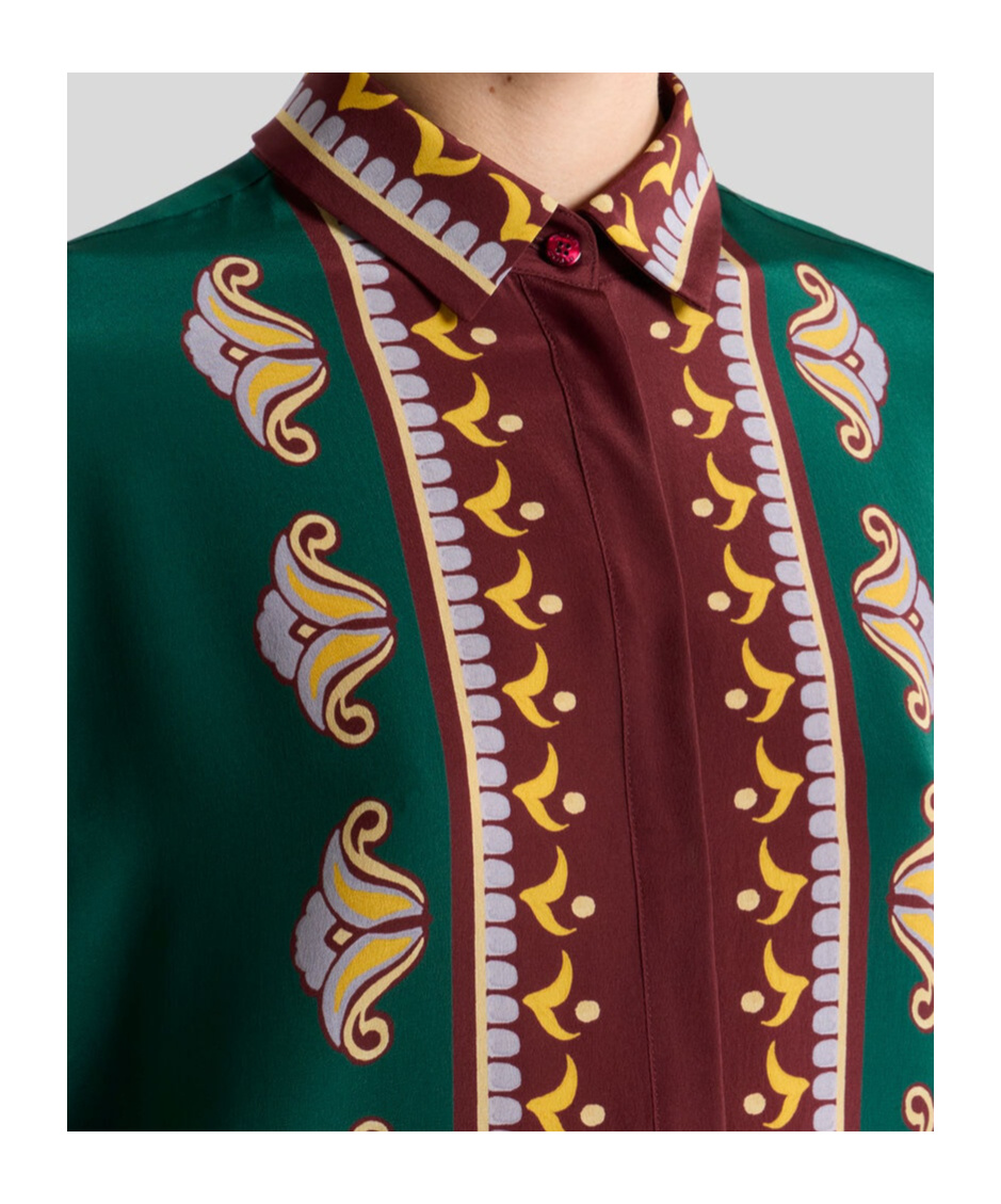 Etro Long Silk Shirt With Placed Print In Green