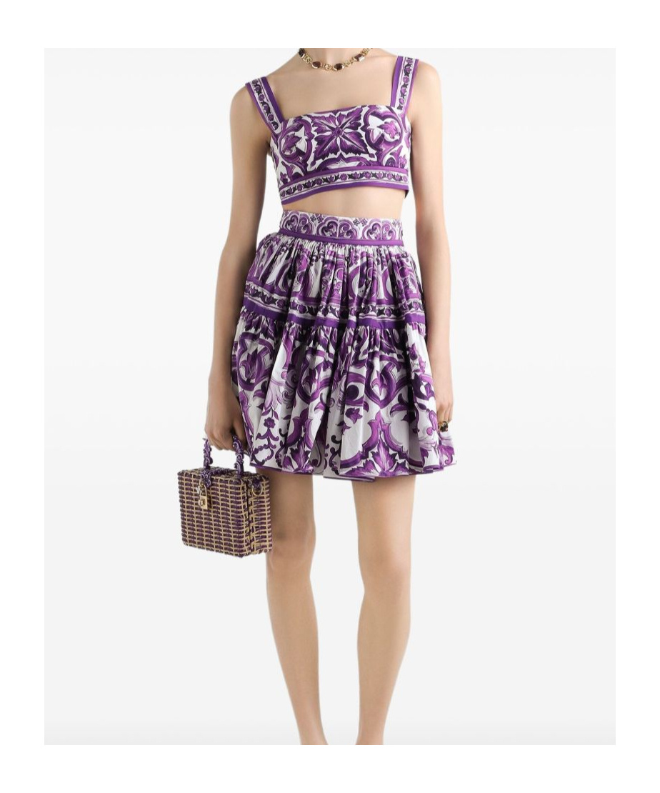 Dolce & Gabbana Violet Pleated Miniskirt With Rear Zip Closure And All-over Graphic Print In Cotton Woman