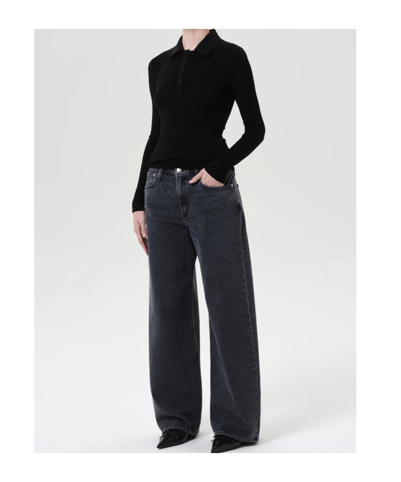 Agolde Button-down Long-sleeved Polo Shirt In Black