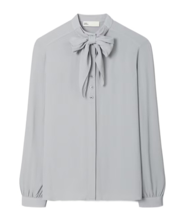 Tory Burch Georgette Bow Blouse In Gray