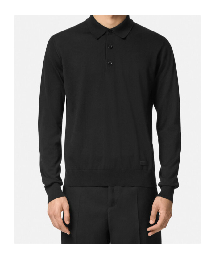Versace Long-sleeved Silk-blend Polo Shirt In Black