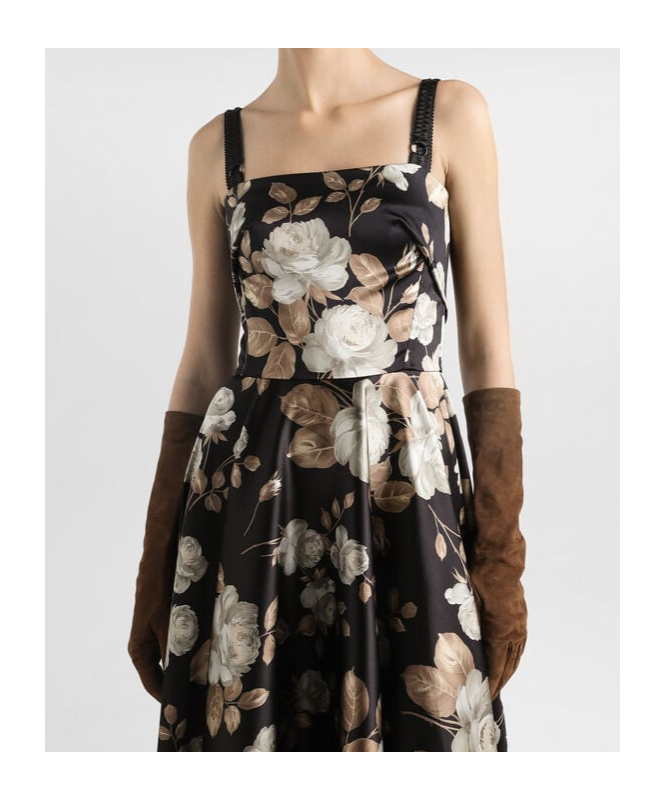 Dolce & Gabbana Vintage Rose Print Satin Dress In Black