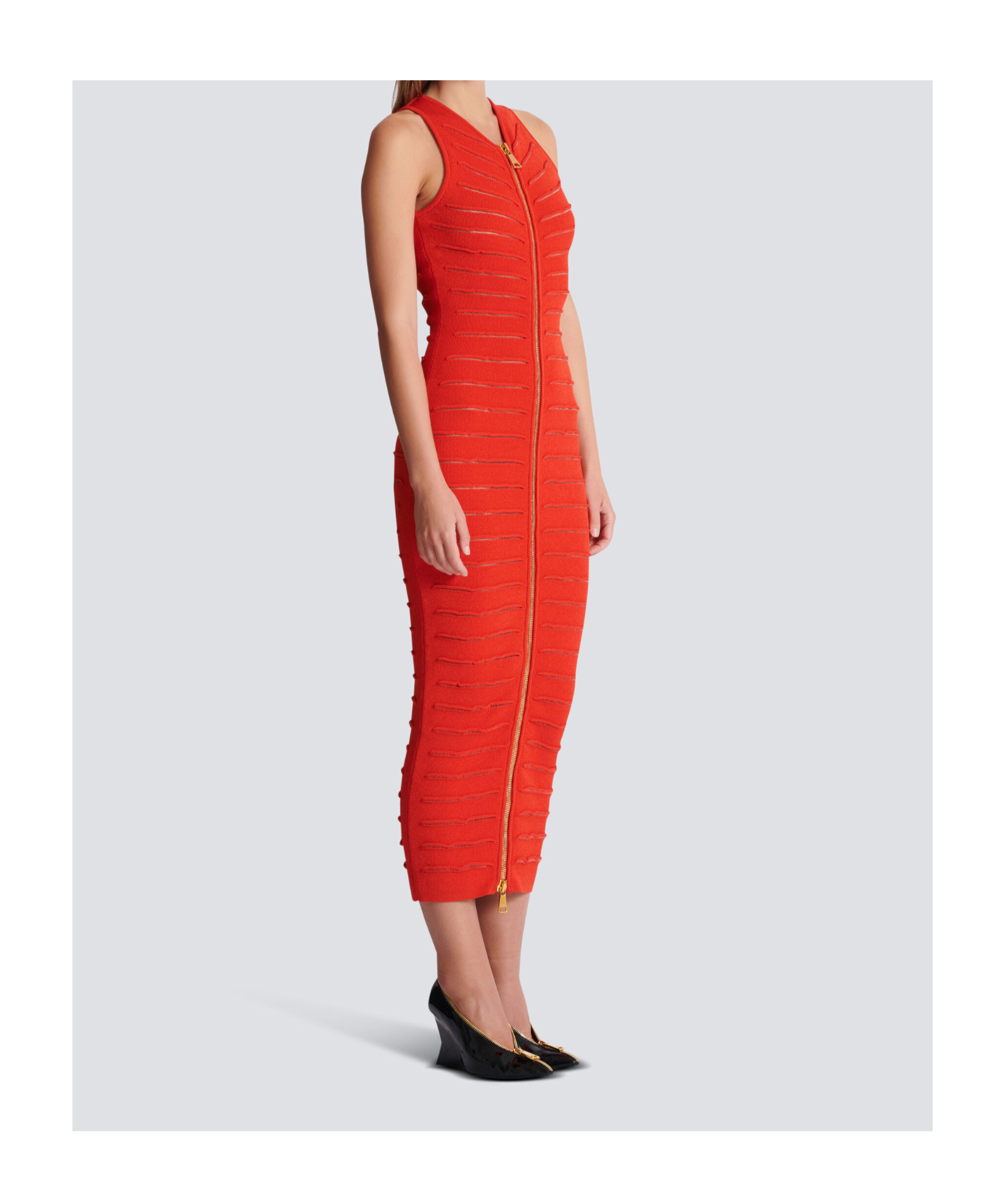 Balmain Long Sleeveless Dress In Crocodile Knit In Red