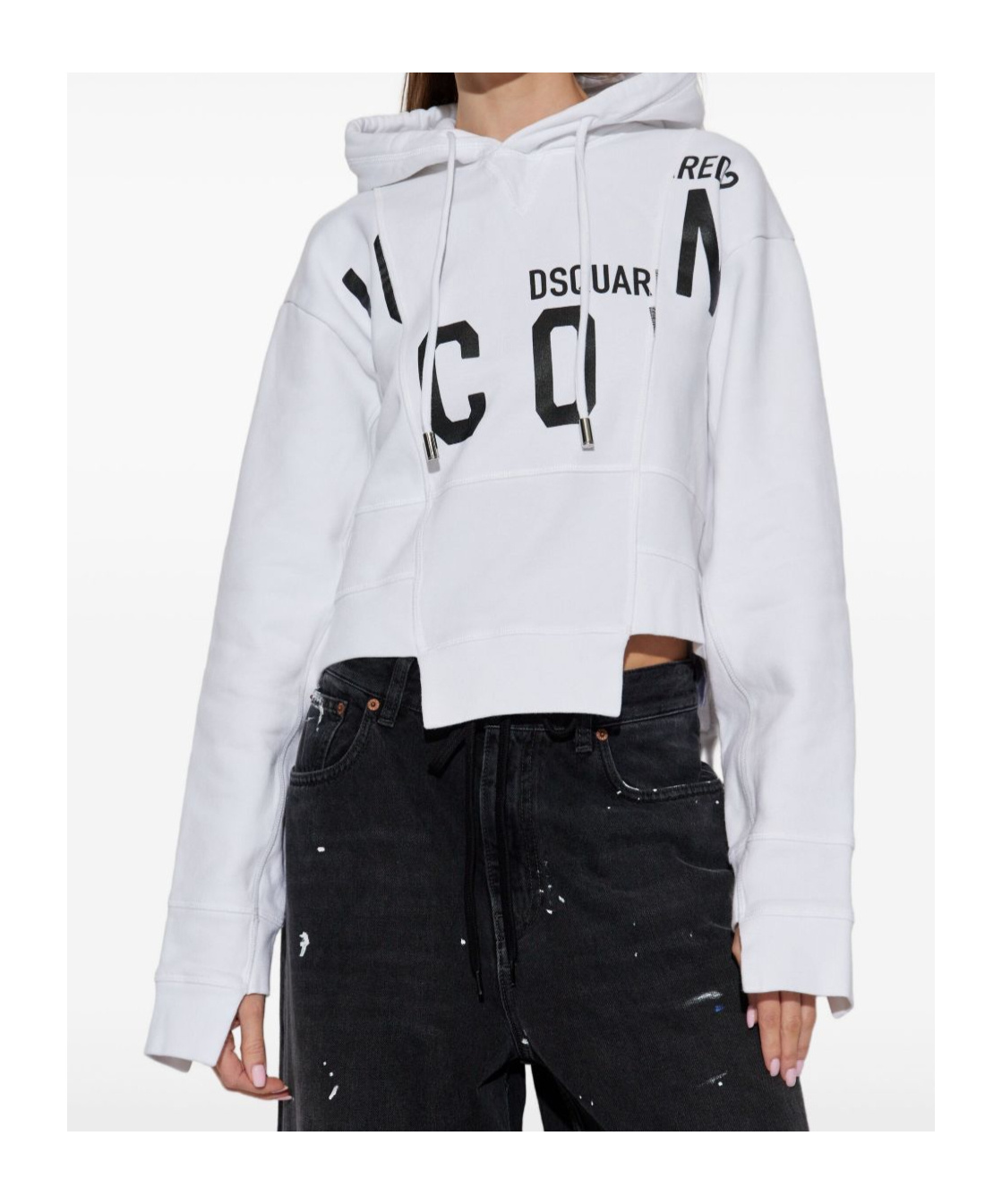 Dsquared2 Asymmetric Hem Cropped Hoodie Drawstring In White