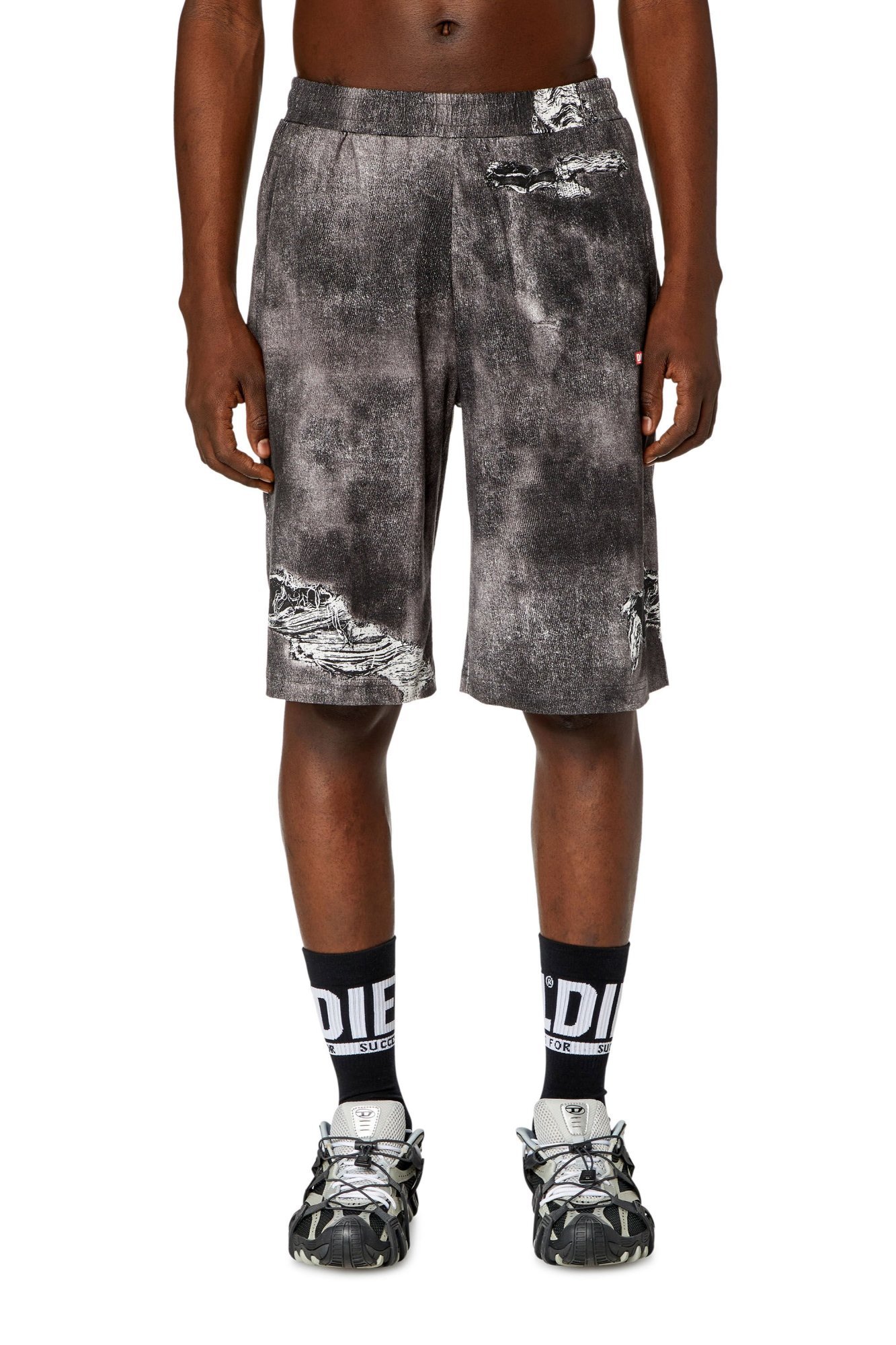 Diesel Distressed Knee Length Shorts With Elastic Waistband In Black