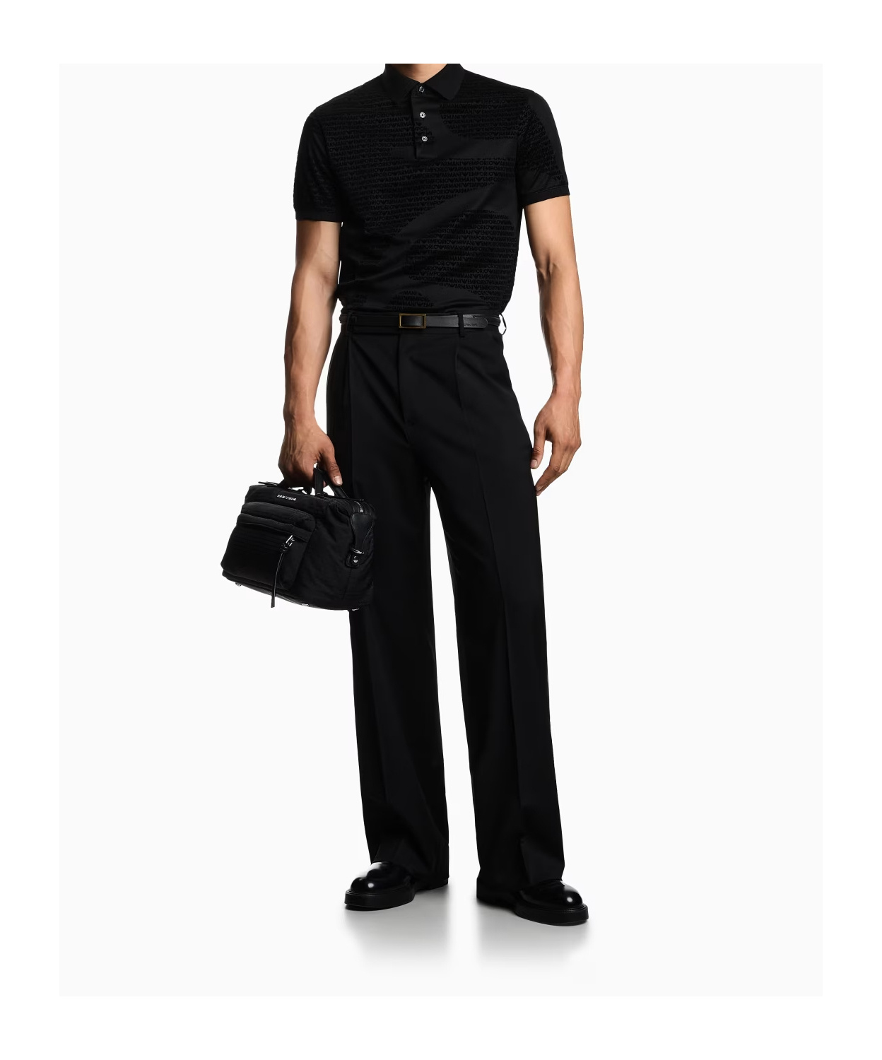 Emporio Armani Asv Lyocell-blend Jersey Polo Shirt With All-over Flocked Logo In Black