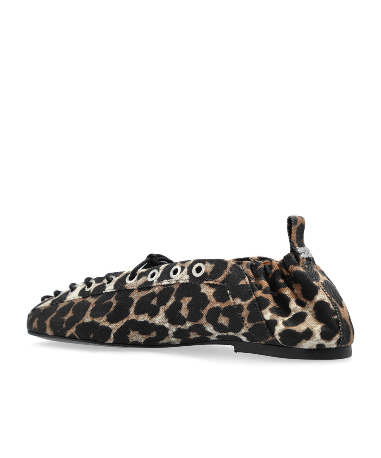 Ganni Brown Lace-up Ballerinas With Metal Eyelets And All-over Print In Fabric Woman In Black