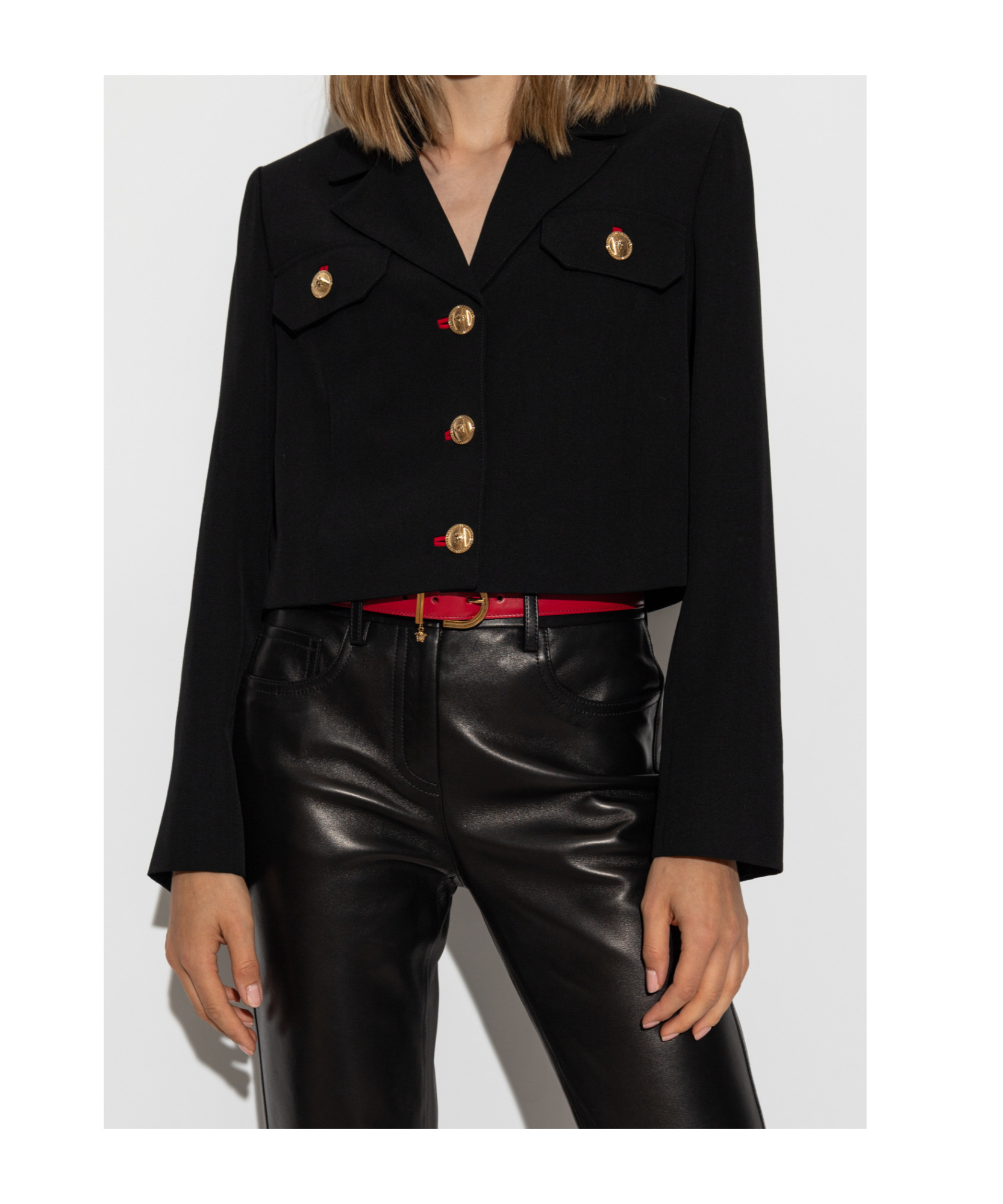 Versace Single-breasted Stretch Crepe Crop Informal Jacket In Black