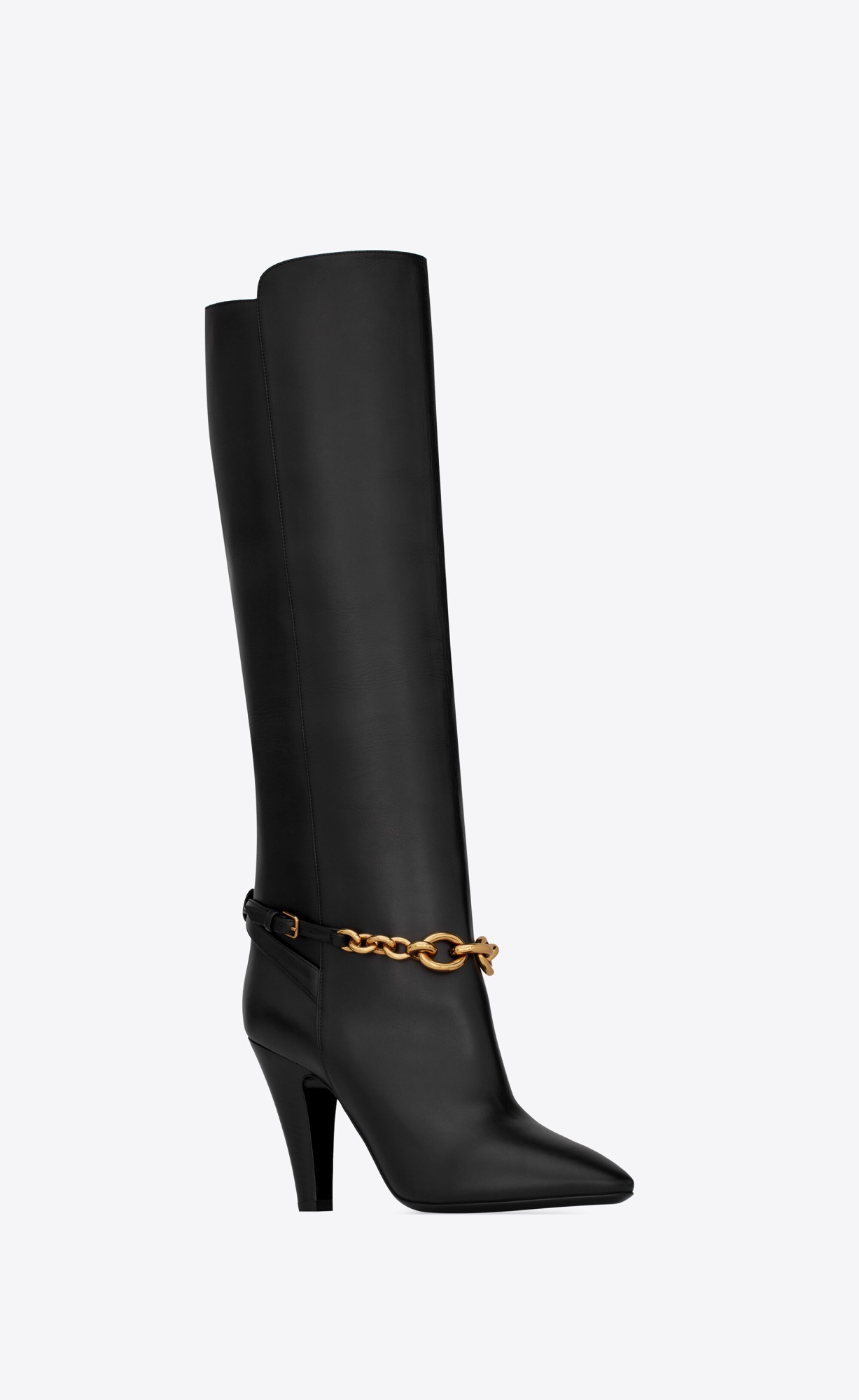 Saint Laurent Leather Boots With Gold Tone Chain Detail In Black