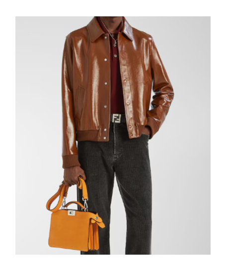 Fendi Leather Jacket Collared Design Front Pockets In Brown
