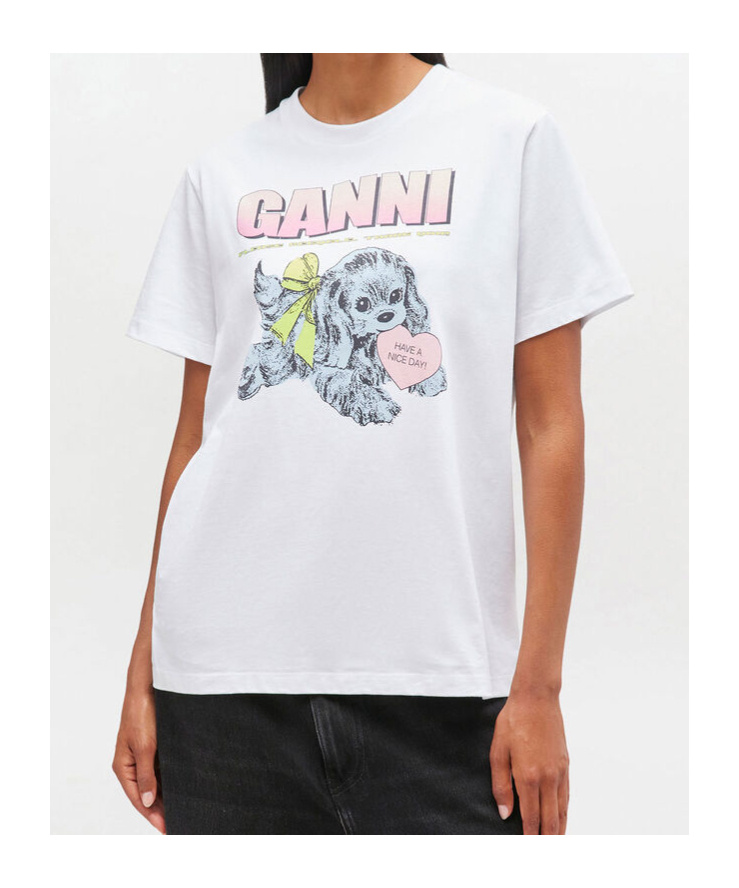 Ganni Graphic Print Crew Neck Short Sleeve Top In White