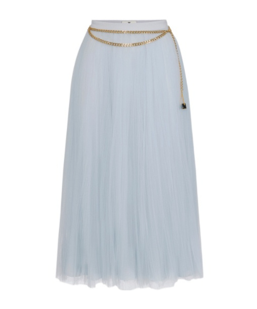 Elisabetta Franchi Midi Skirt With Gold Chain And Pleats In Silver