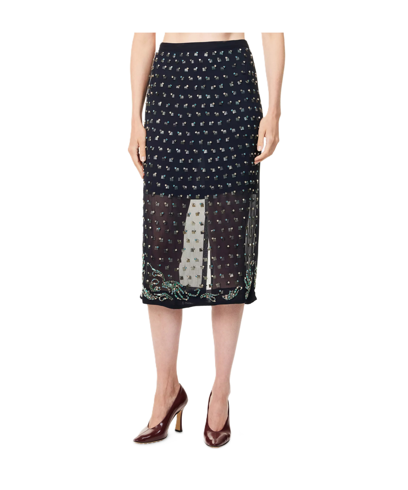 Dries Van Noten Women Blue Georgette Jewel Embellished Midi Skirt In Black