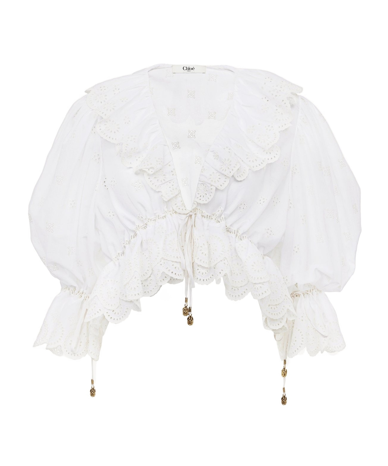 Chloé V-neck Ruffle Top In Cotton Voile In White