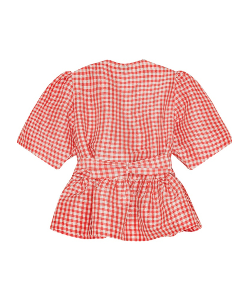 Ganni Red Crinkled Check Taffeta Blouse