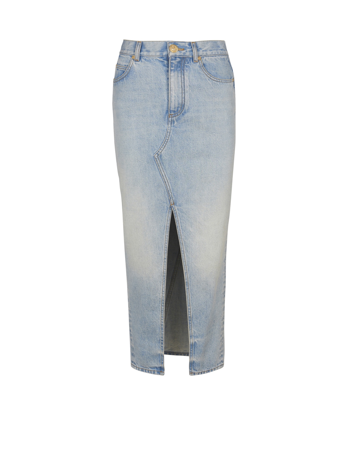 Balmain Midi Denim Skirt With Slit In Gray