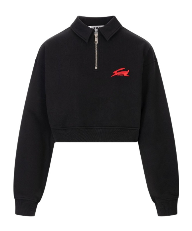 Msgm 3d Follow The Rabbit Embroidery Cropped Sweatshirt In Black