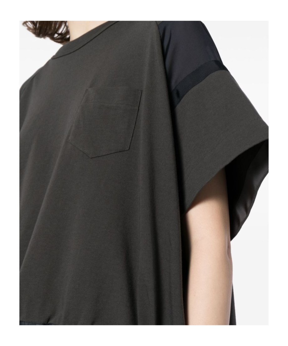 Sacai Cotton Crew Neck T-shirt With Drawstring Hem In Black