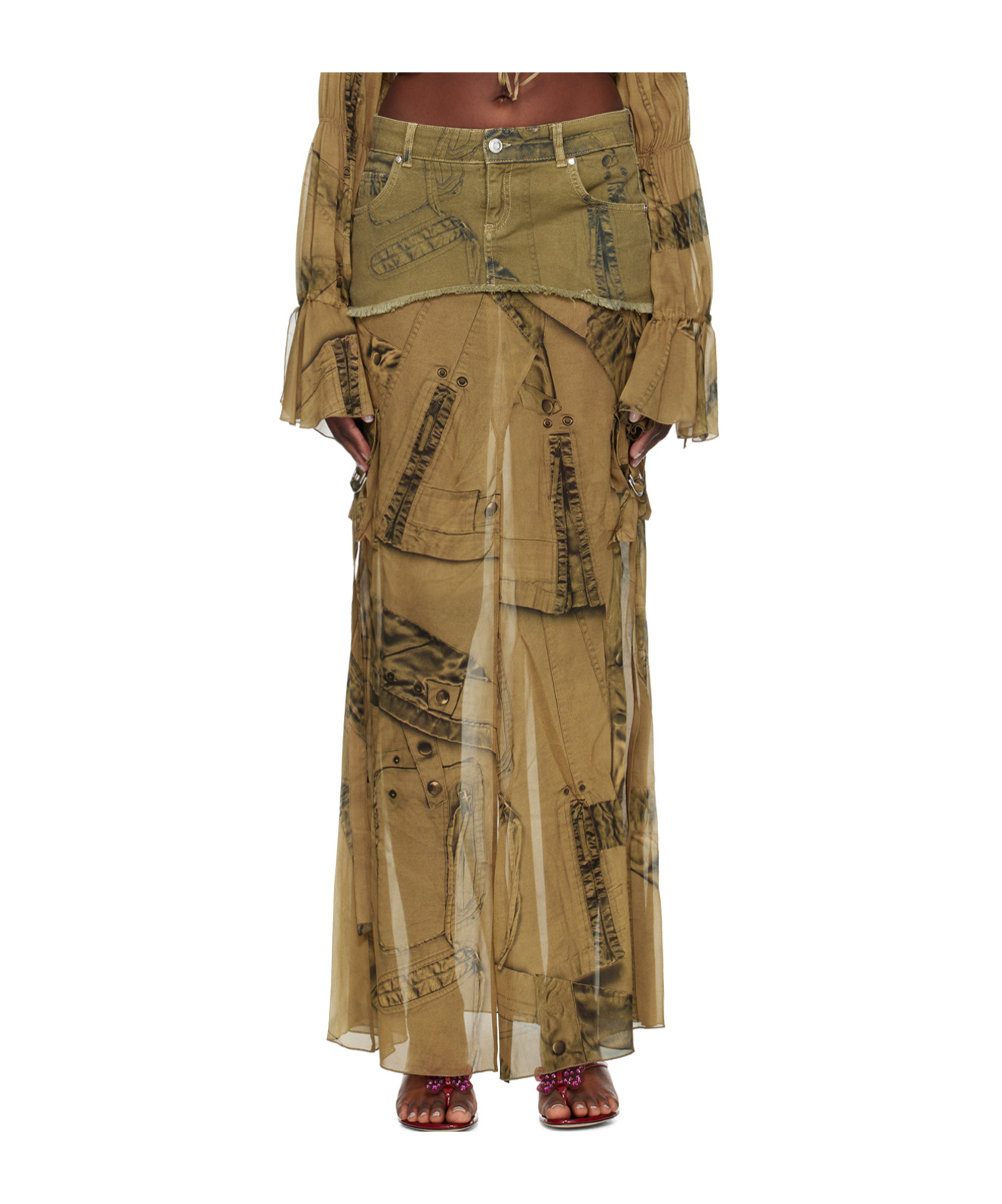 Blumarine Graphic-print Layered Maxi Skirt In Green
