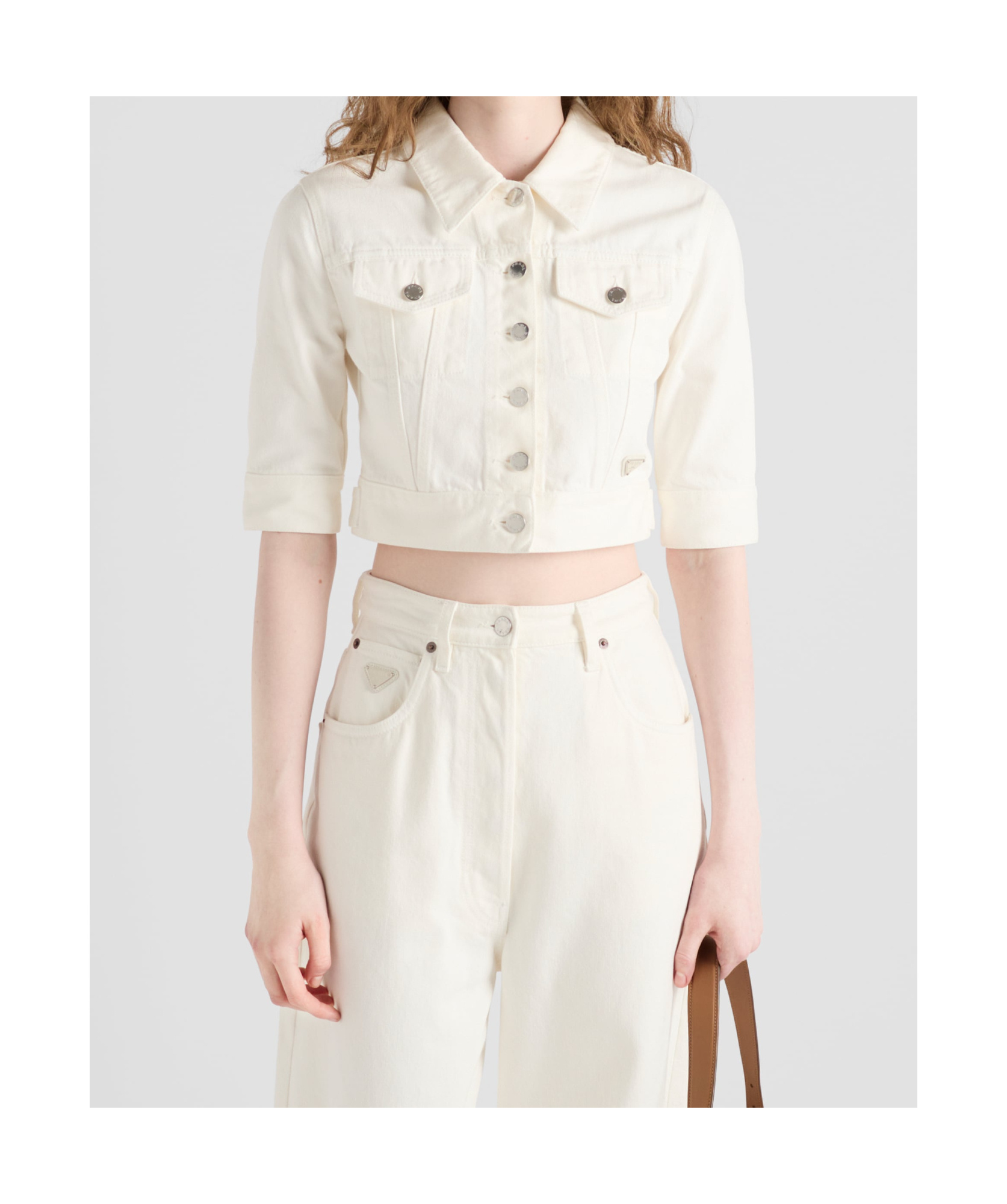 Prada Womens White Branded-patch Cropped Denim Jacket In White