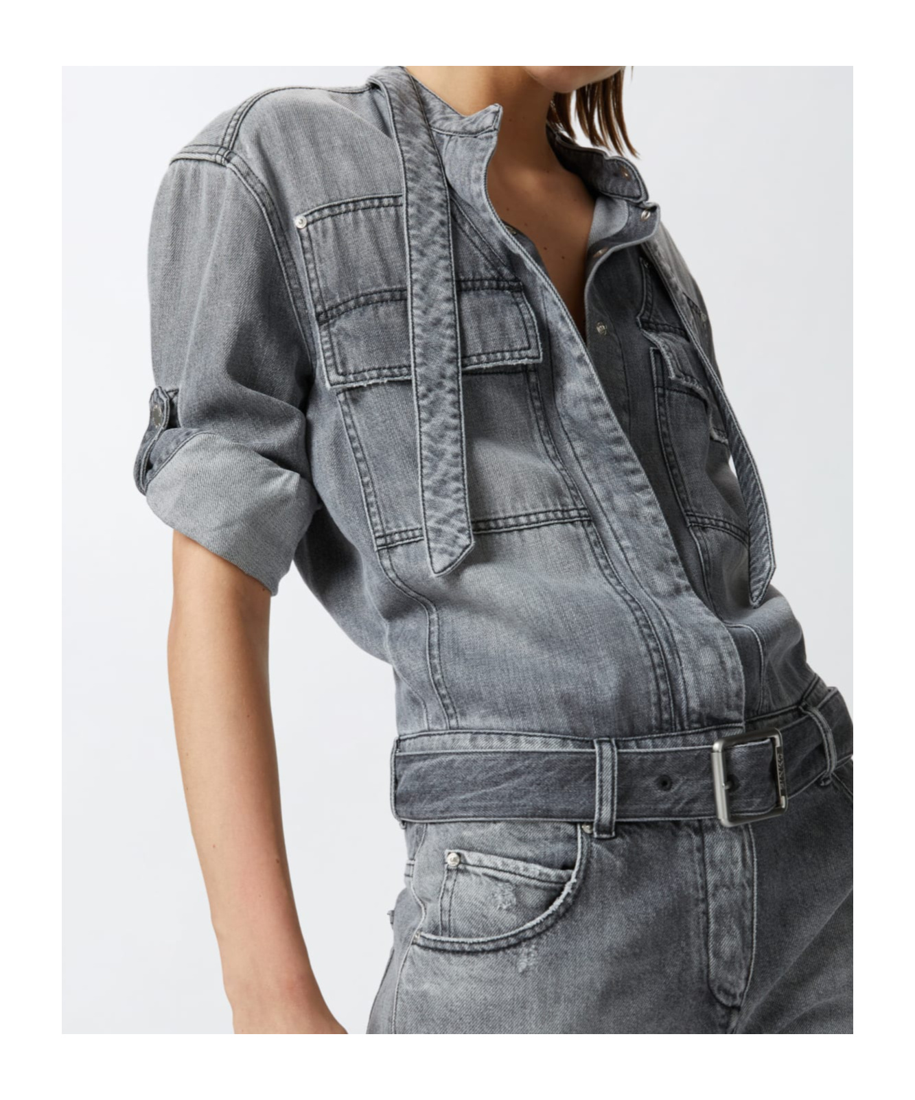 Pinko Bootcut Denim Jumpsuit In Gray