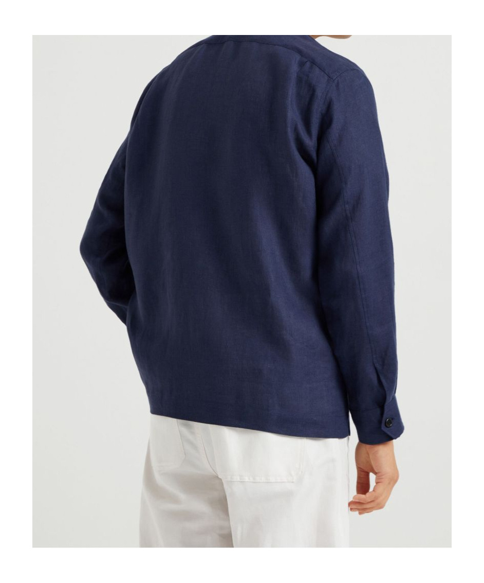 Brunello Cucinelli Linen Shirt With Chest Pockets And Collar In Blue