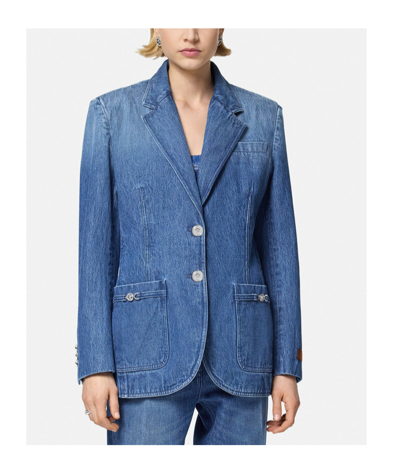 Shop Versace Denim Suit Coat In Blue