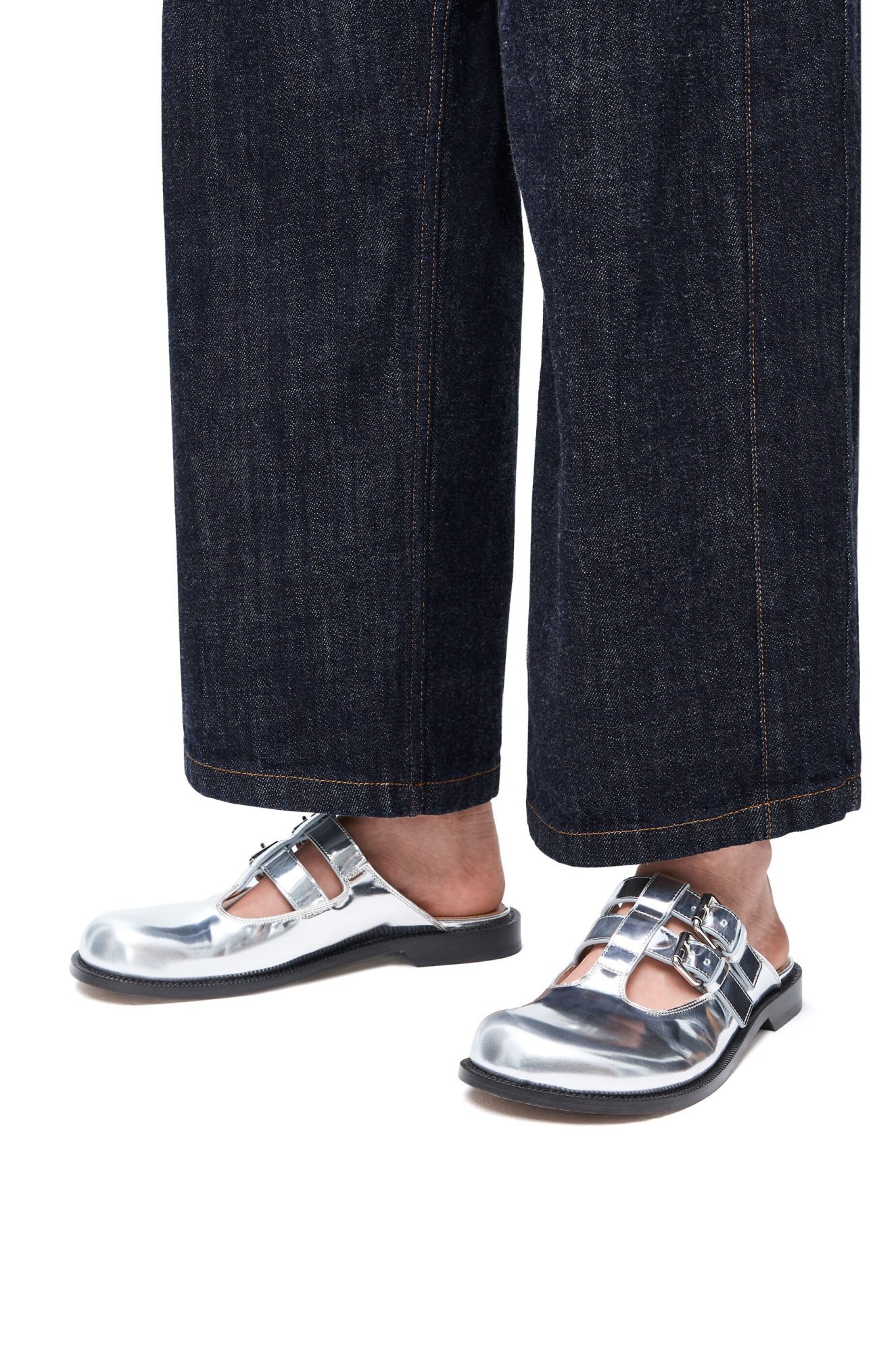 Loewe Campo Metallic Leather Mary Jane Flats In White