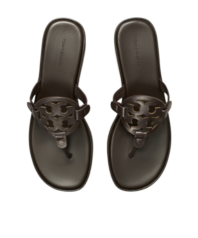 Tory Burch Black Logo Wedge Sandals In Brown