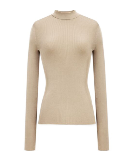 Saint Laurent Ribbed Silk High-necked Fitted Top In Nude