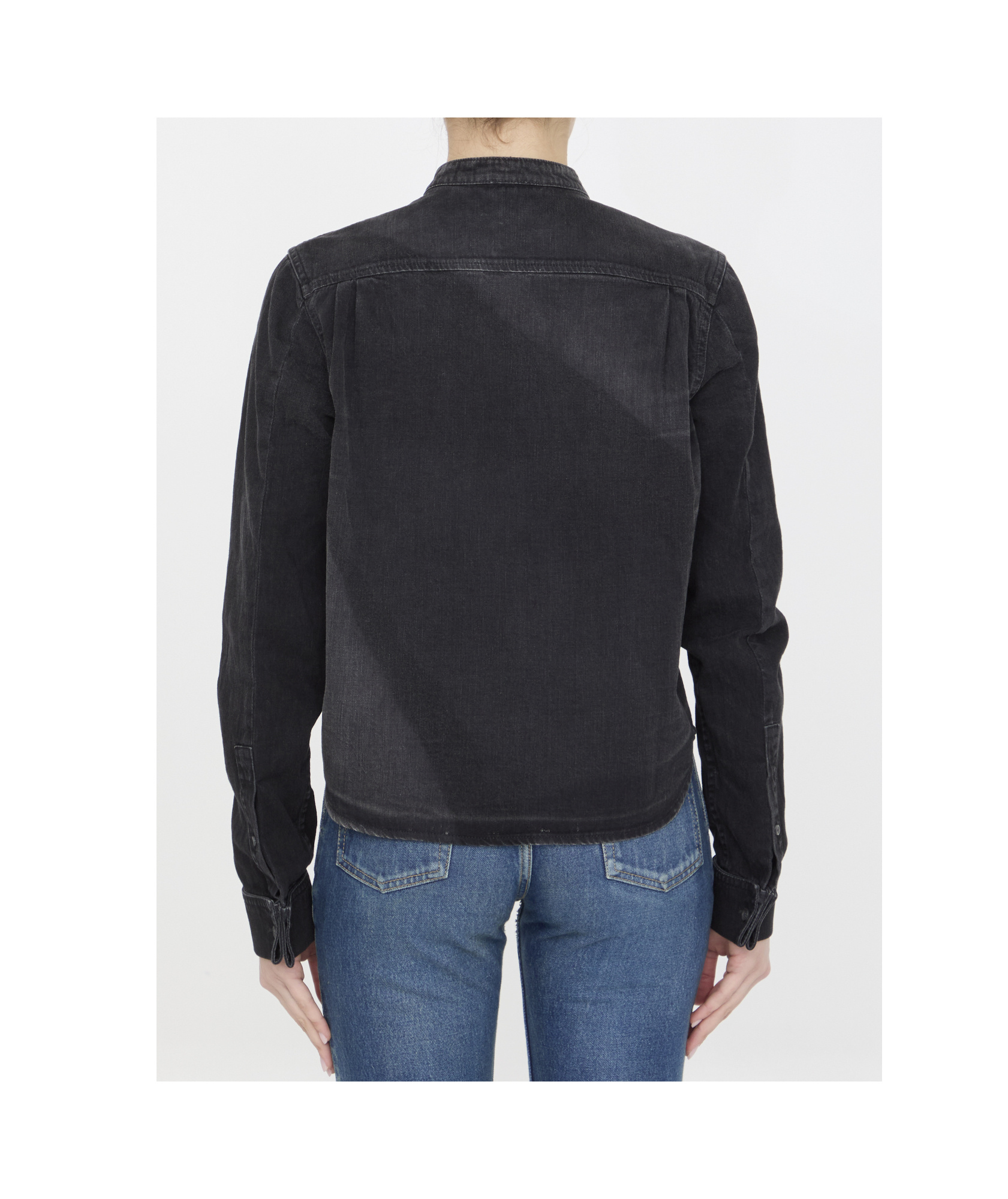 Loewe Pleated Bib Front Denim Cropped Shirt In Black