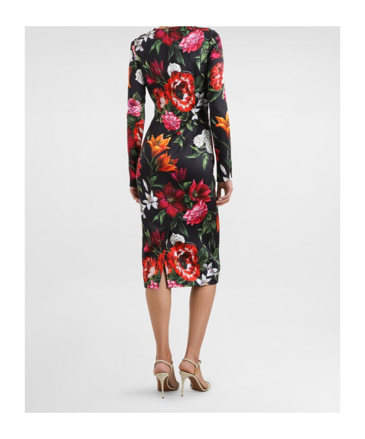 Dolce & Gabbana Flower Print Satin Midi Dress In Multi