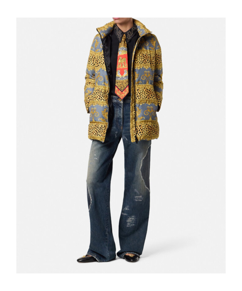 Versace Duvet Stripes Lace-up Down Jacket In Yellow