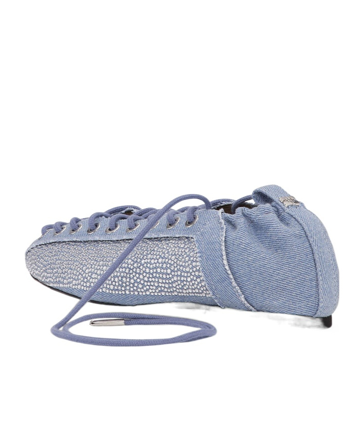 Shop Ganni Crystal-embellished Denim Lace-up Ballerinas In Blue
