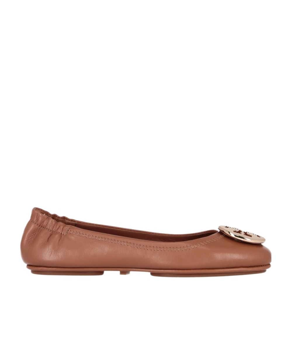 Tory Burch Minnie Leather Logo Travel Ballerina Flats In Brown
